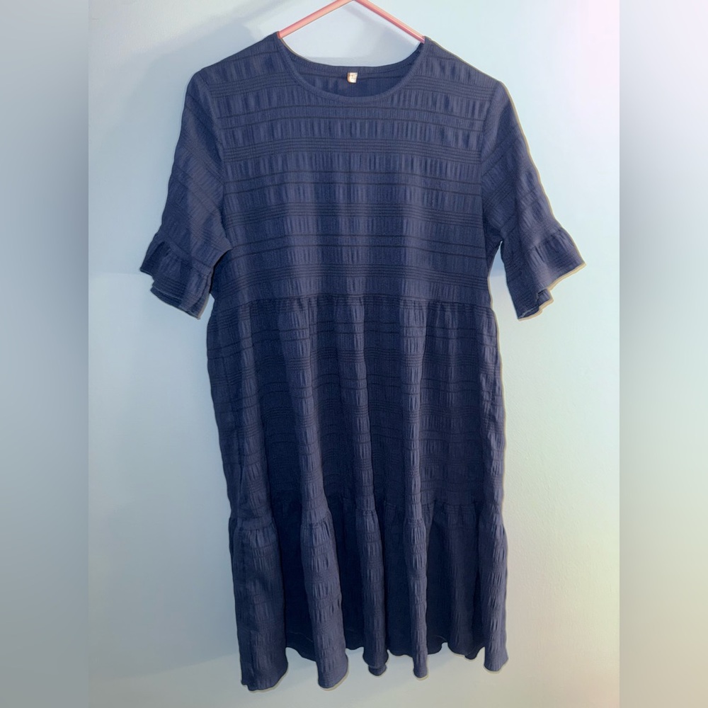 Women's Navy Textured Short Sleeve Dress